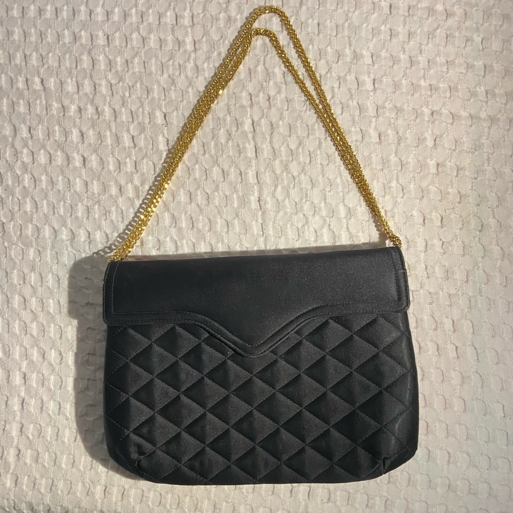 Saks Fifth Avenue Quilted Black Bag with Gold Chain